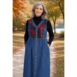 Carol Little NEW VTG 22W deadstock denim maxi jumper dress patchwork prarie
